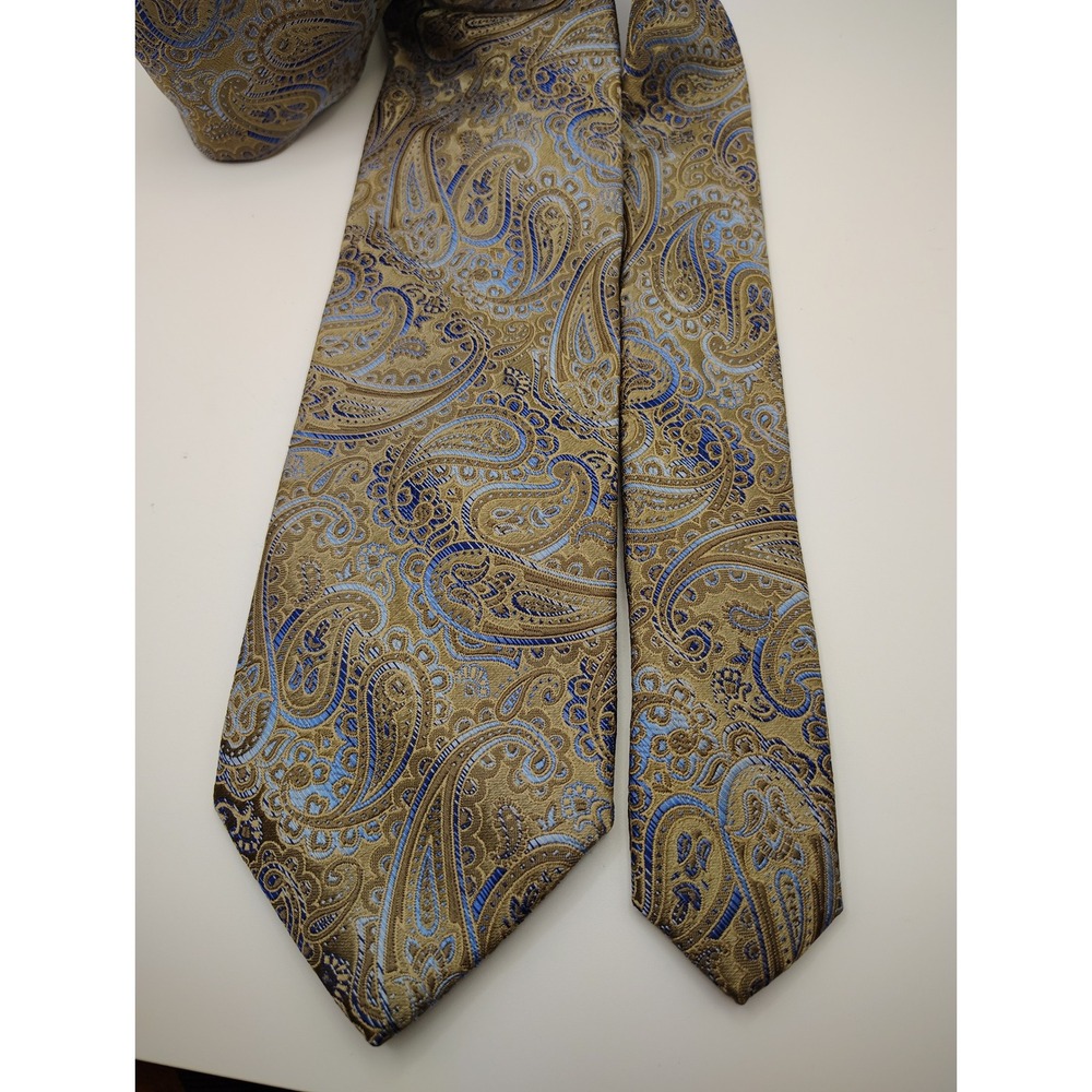 NWT Platinum Designs Paisley Silk Blend Tie‎ Gold Blue Mens Formal Business